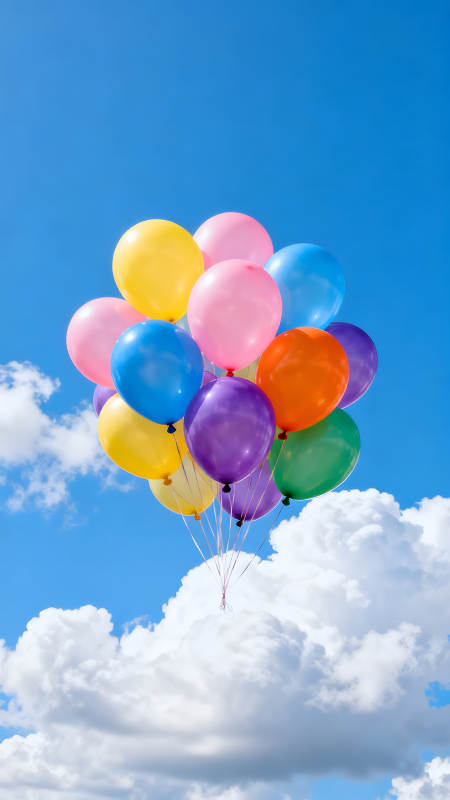 彩色氣球在藍天白云間飛翔-圖片