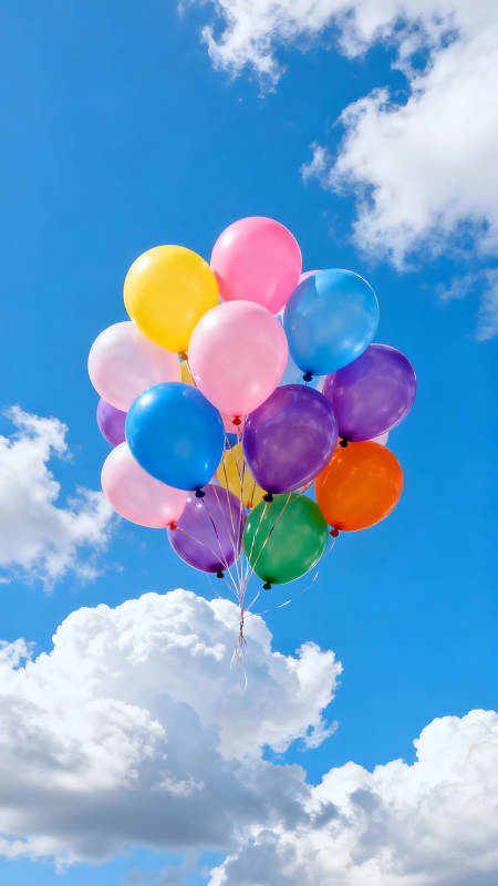 藍天白云下的彩色氣球-圖片