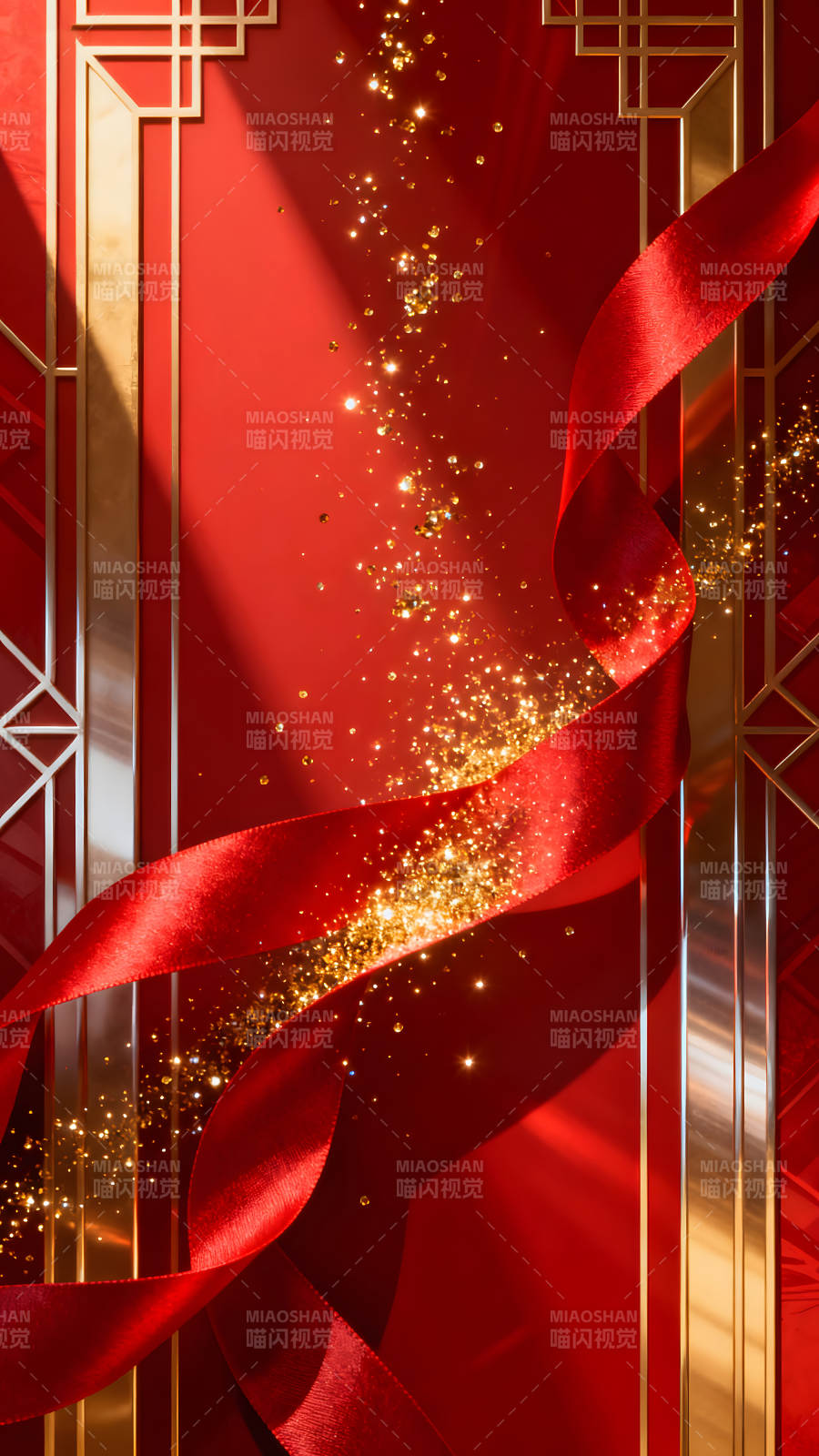 紅綢帶金色光點裝飾背景-圖片