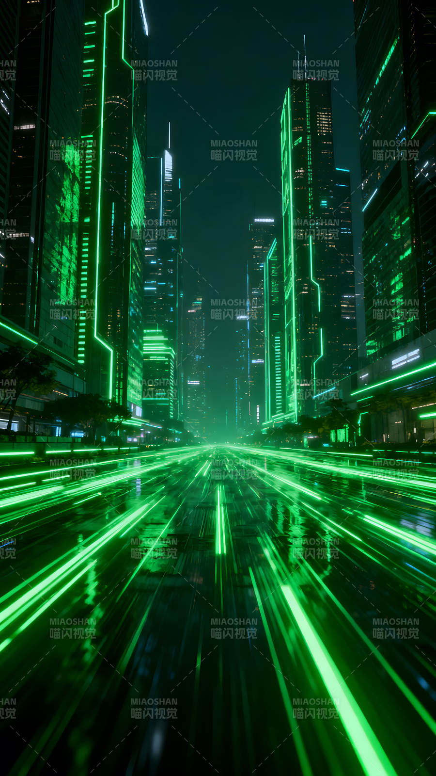 未來都市夜景霓虹燈光映照-圖片