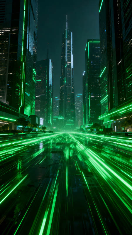 未來都市夜景綠色光芒照耀-圖片