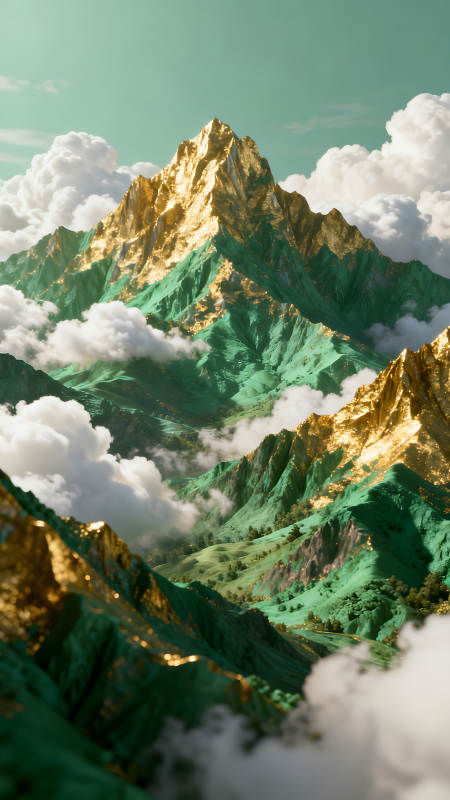 金色山峰與翠綠山巒的唯美景象-圖片