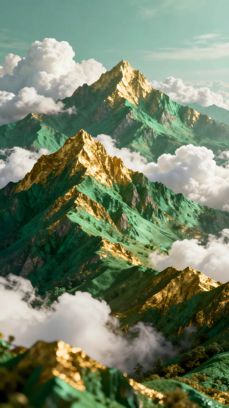 金色山峰翠綠山坡云霧繚繞-圖片