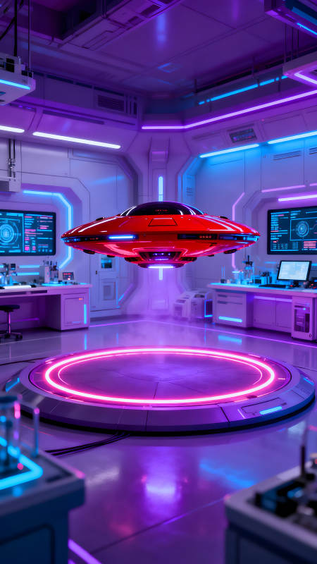 未來實驗室內的紅色飛碟-圖片