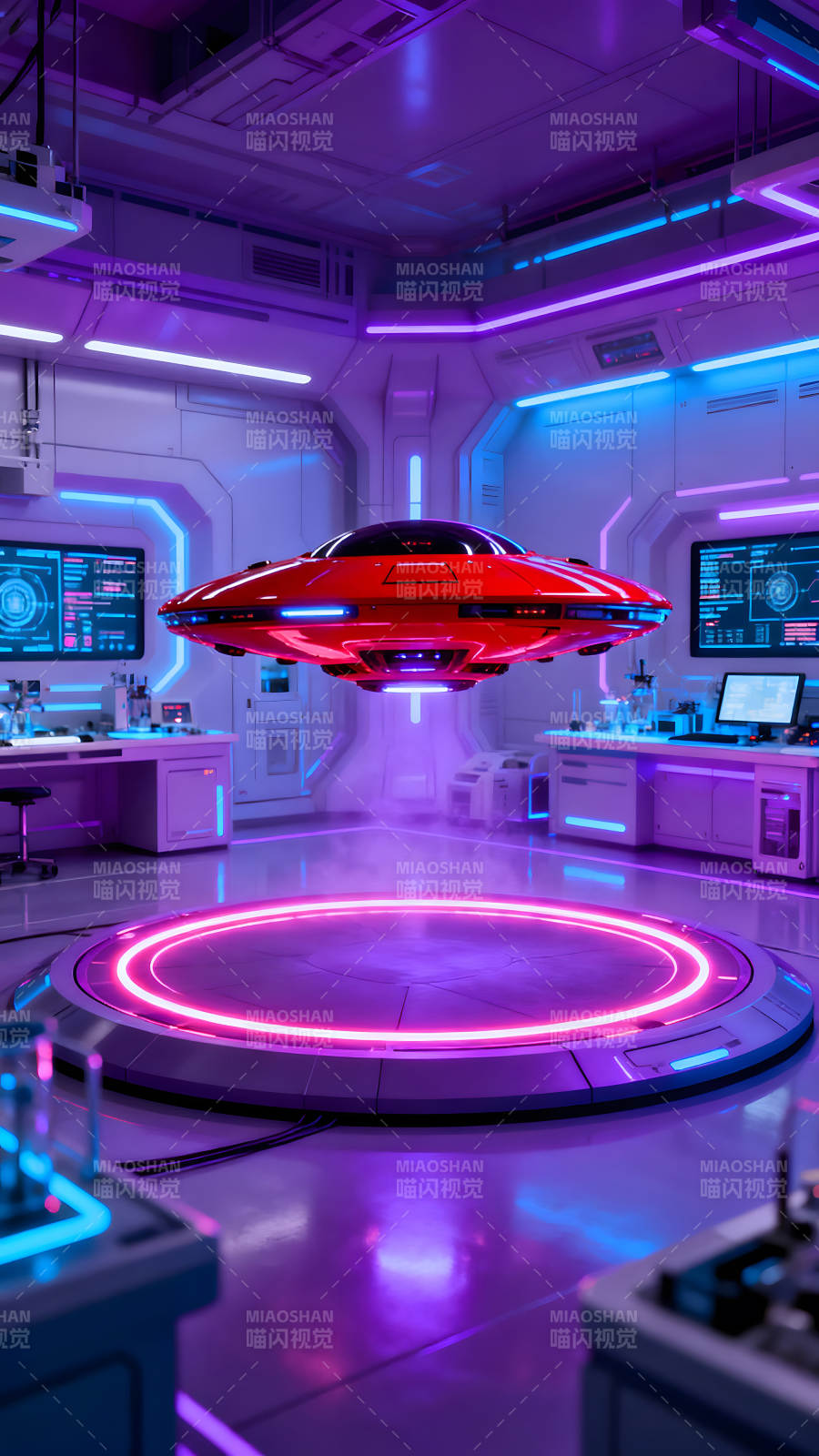 未來實驗室內(nèi)的紅色飛碟-圖片