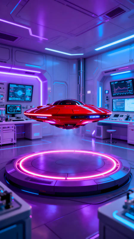 科幻實驗室紅色飛碟懸浮著-圖片