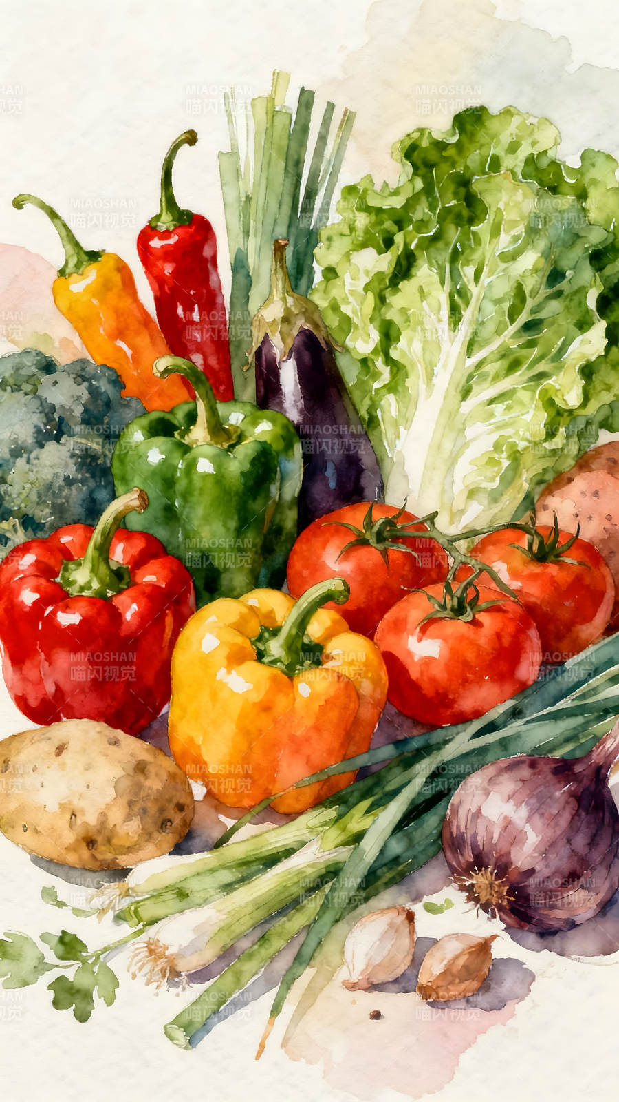 蔬菜水彩画展示各种新鲜食材-图片