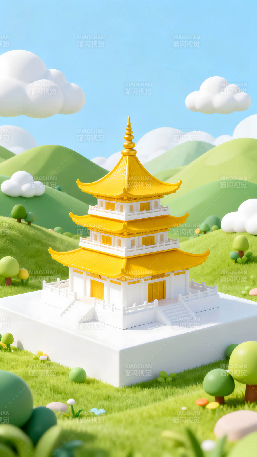 卡通風格的寺廟建筑與自然景觀-圖片