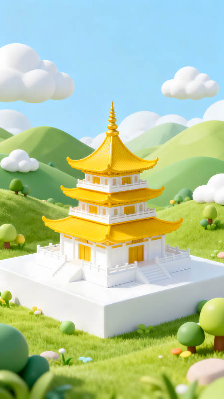 卡通風格的寺廟建筑與自然景觀-圖片