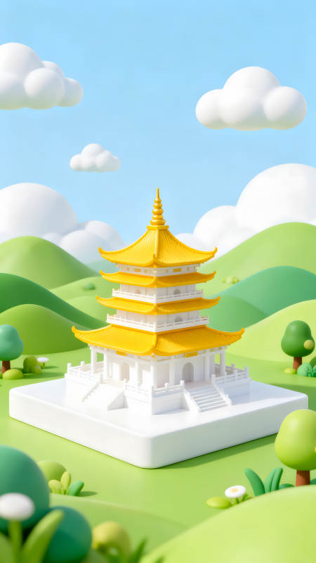 卡通風格的寺廟與風景-圖片