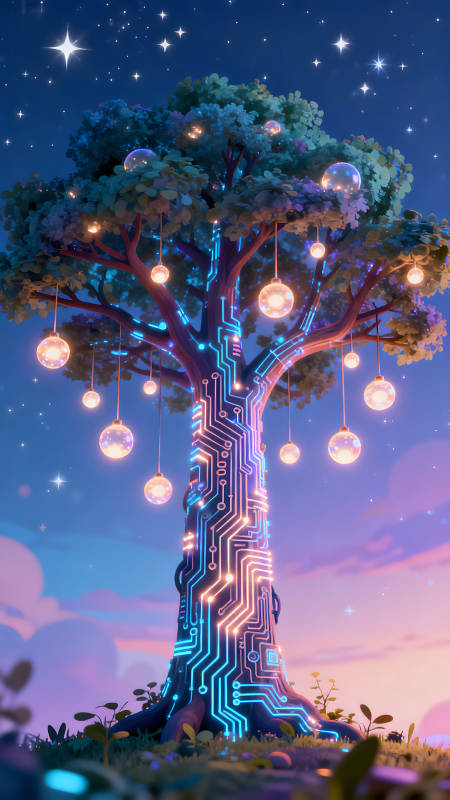 電路樹發光吊燈夜空-圖片