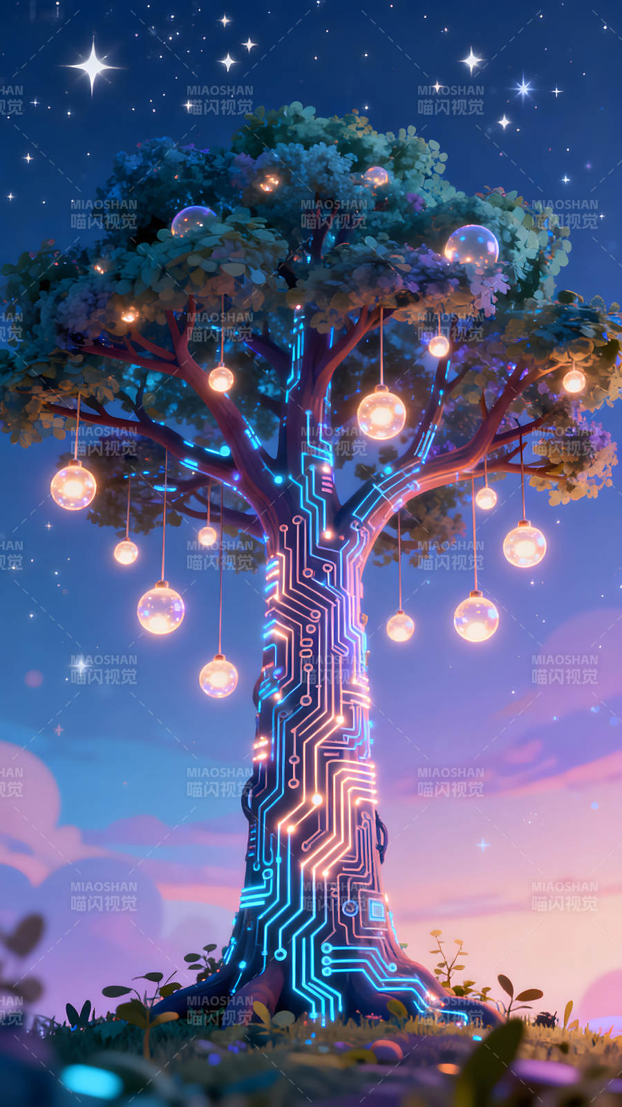 電路樹發光吊燈夜空-圖片