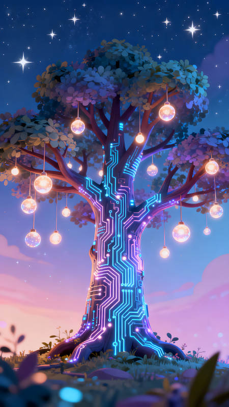 科技樹夜景燈光點綴唯美-圖片