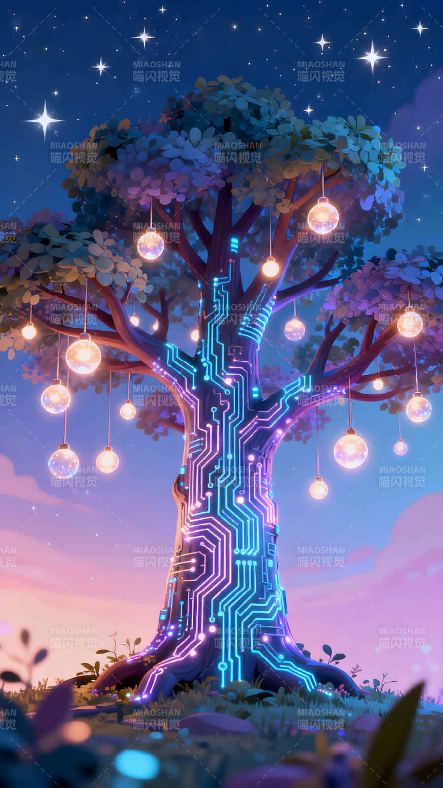科技樹夜景燈光點綴唯美-圖片