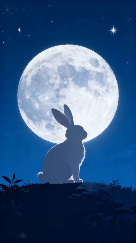 月夜兔影靜謐夢幻-圖片