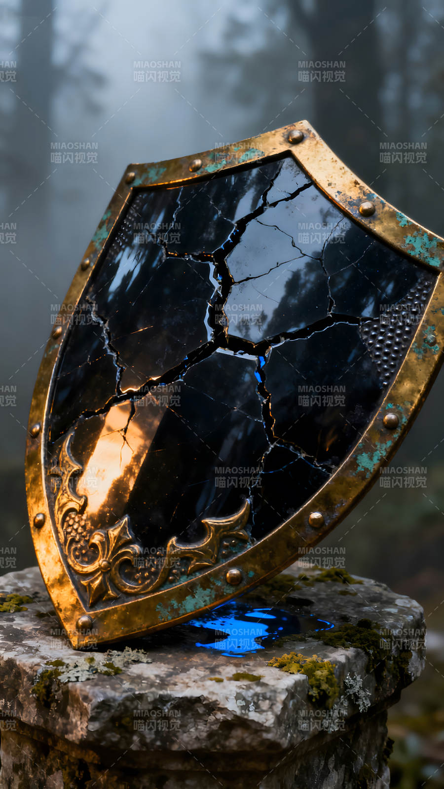 破碎的古老盾牌散發著光芒-圖片