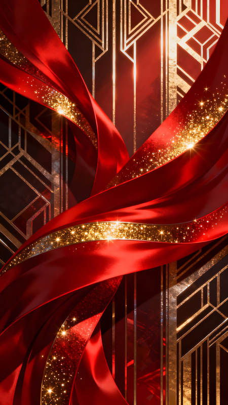 紅色綢帶金色裝飾奢華背景-圖片