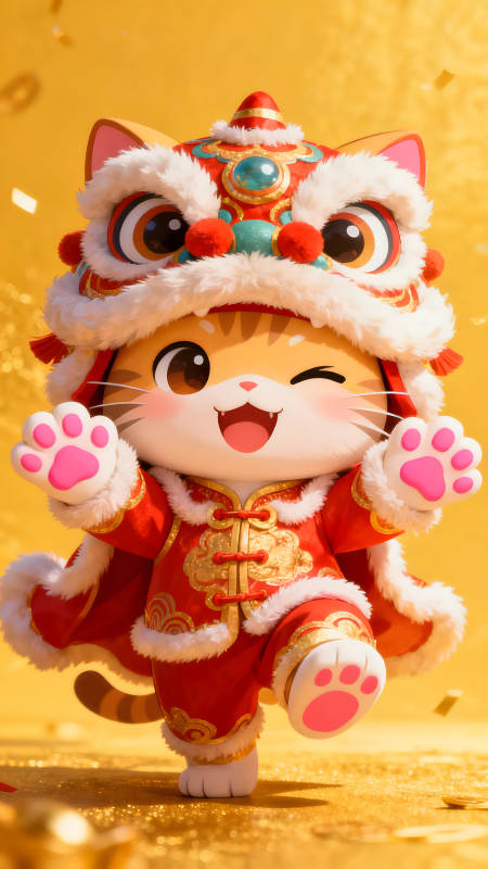 喜慶貓咪舞獅慶祝新年-圖片