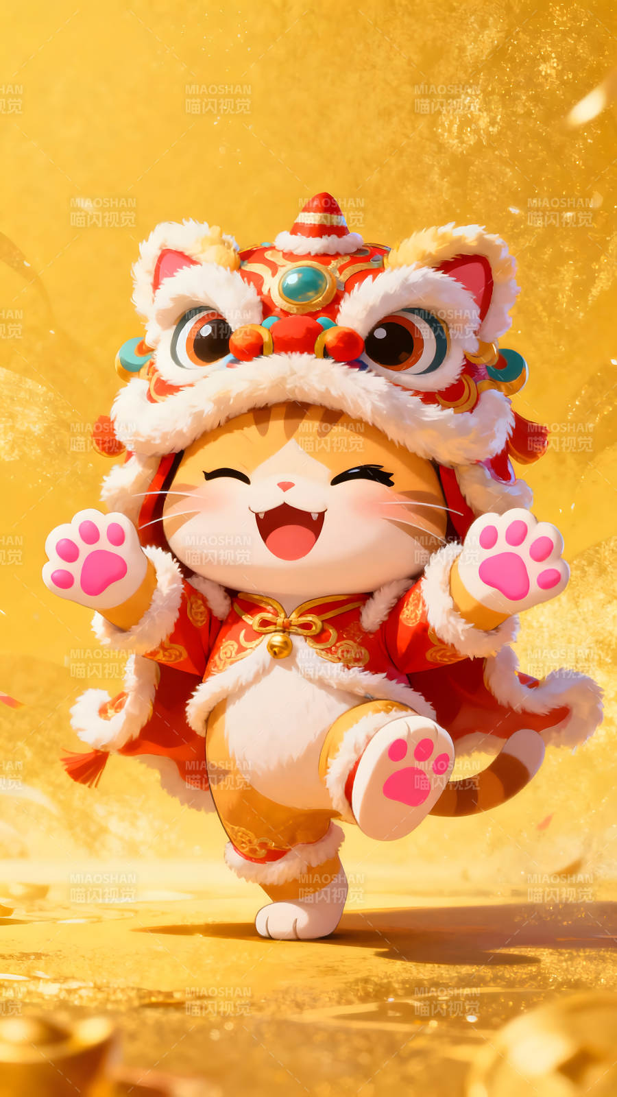 可愛的小貓舞獅慶祝新年-圖片