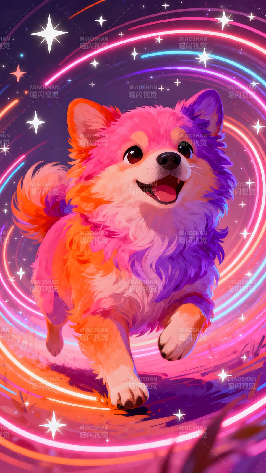 彩色小狗在星空中奔跑-图片