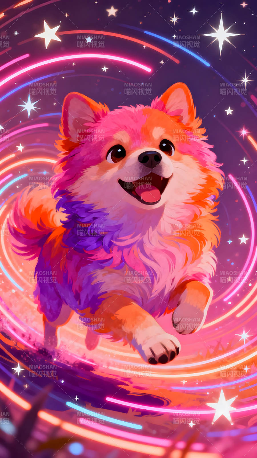彩色可爱狗狗在星空下奔跑-图片