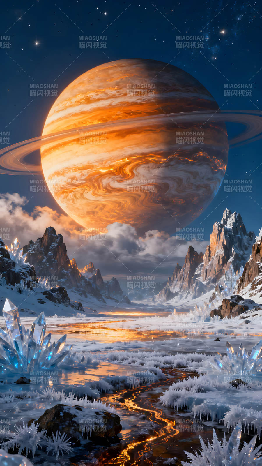 冰雪星球奇觀巨型星球懸掛天際-圖片