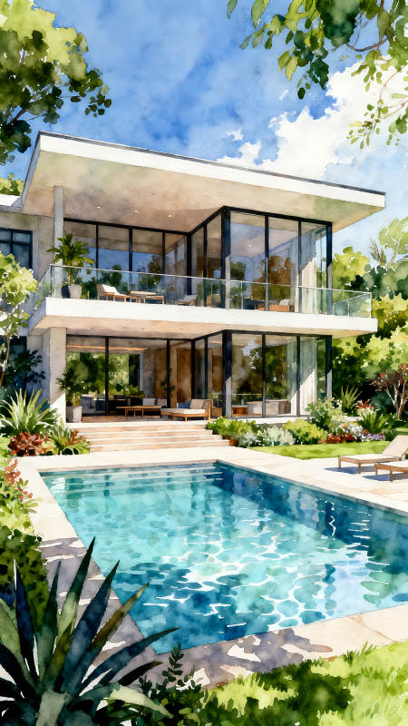 水彩别墅带泳池风景-图片