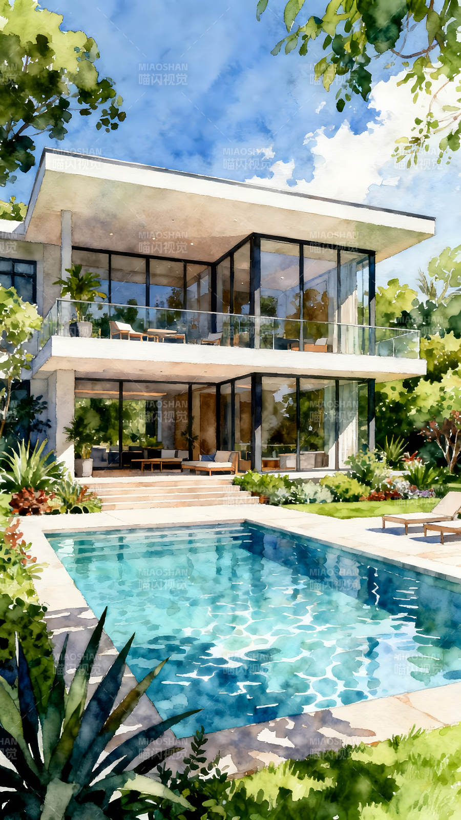 水彩别墅带泳池风景-图片