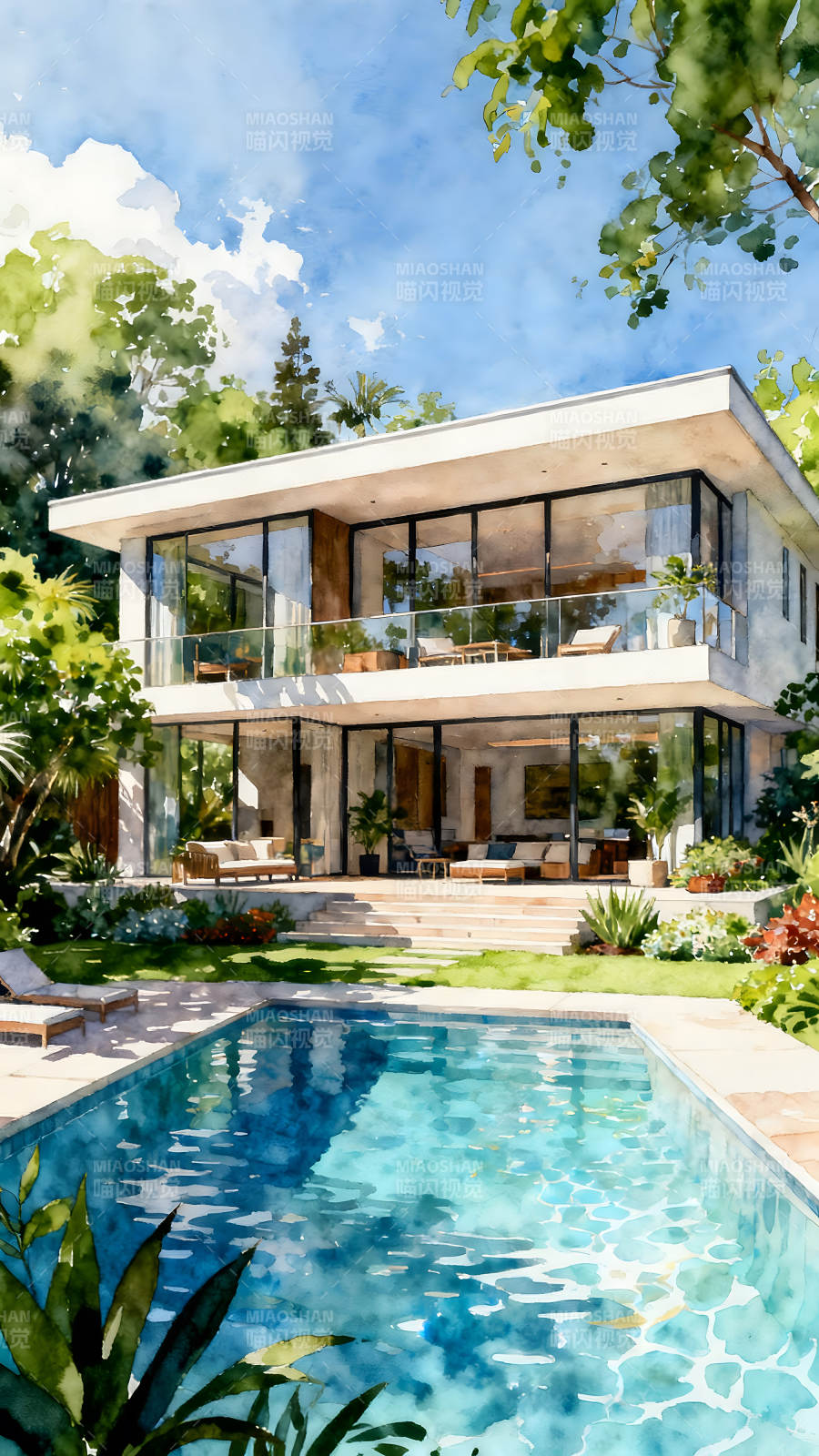 水彩风格豪宅与泳池风景优美环境舒适-图片