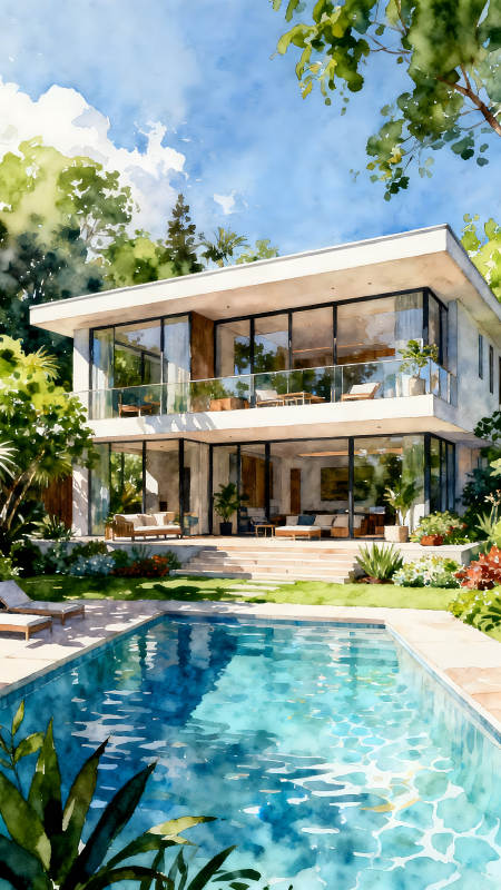 水彩风格豪宅与泳池风景优美环境舒适-图片