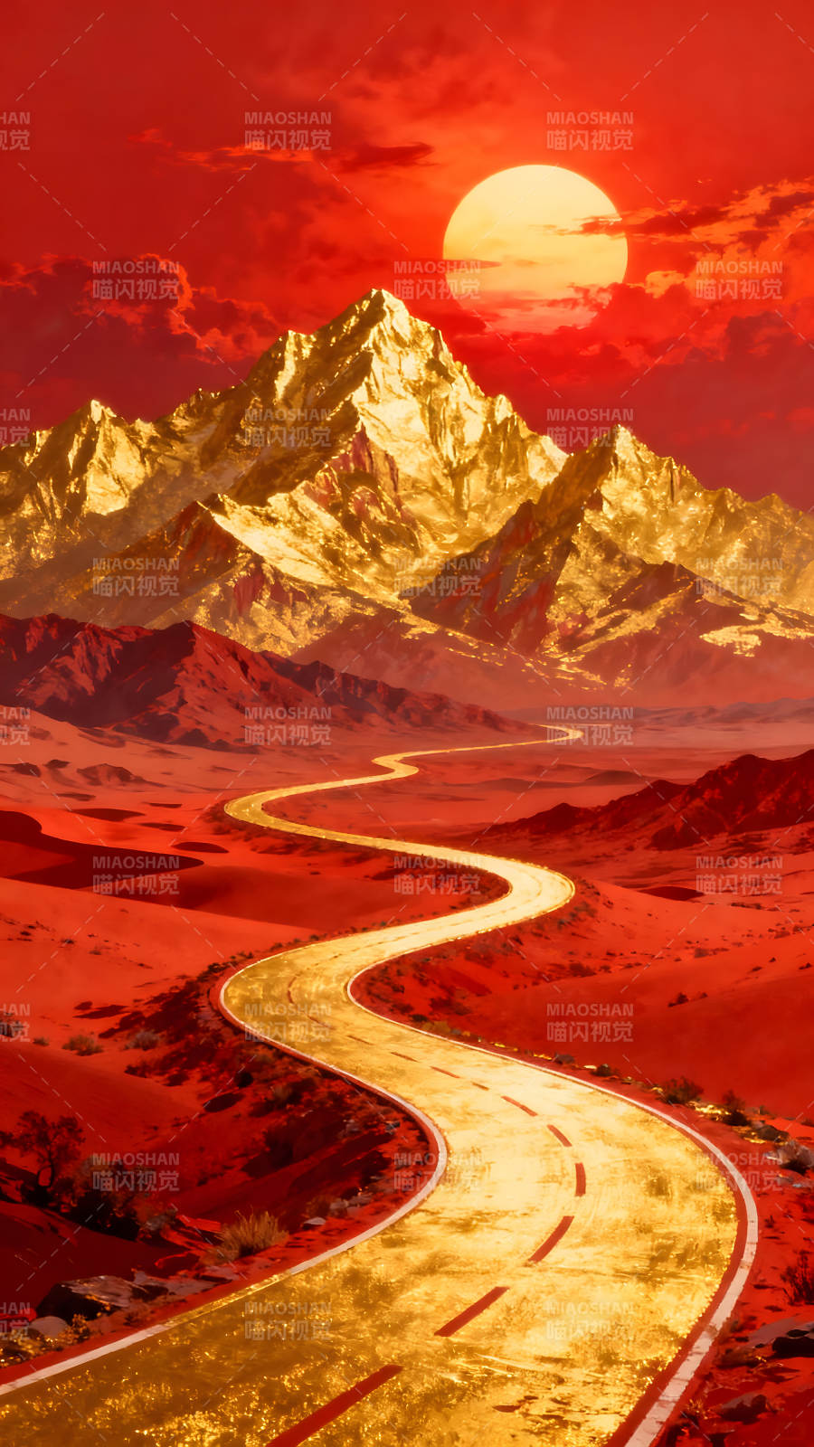 金色公路穿越红色沙漠通向金色山脉-图片