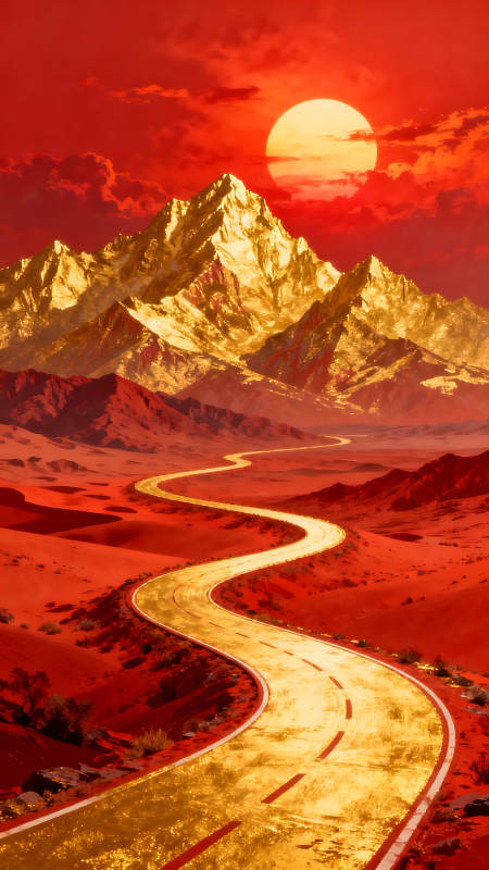 金色公路穿越红色沙漠通向金色山脉-图片