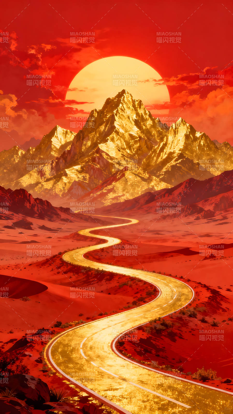 金色道路通向金山夕阳红霞-图片