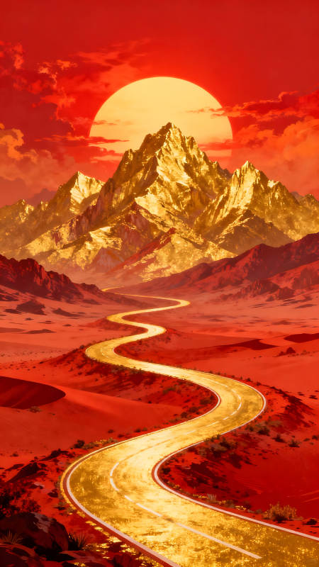 金色道路通向金山夕阳红霞-图片