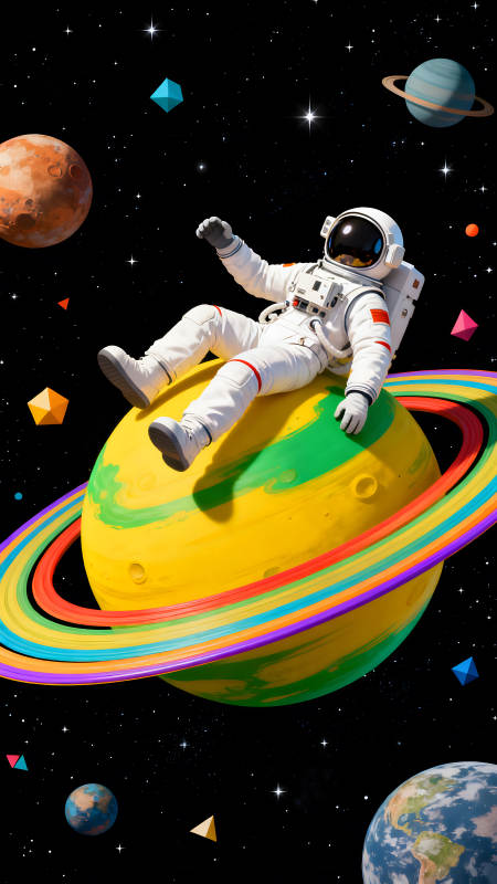 宇航員在彩色星球上休息-圖片