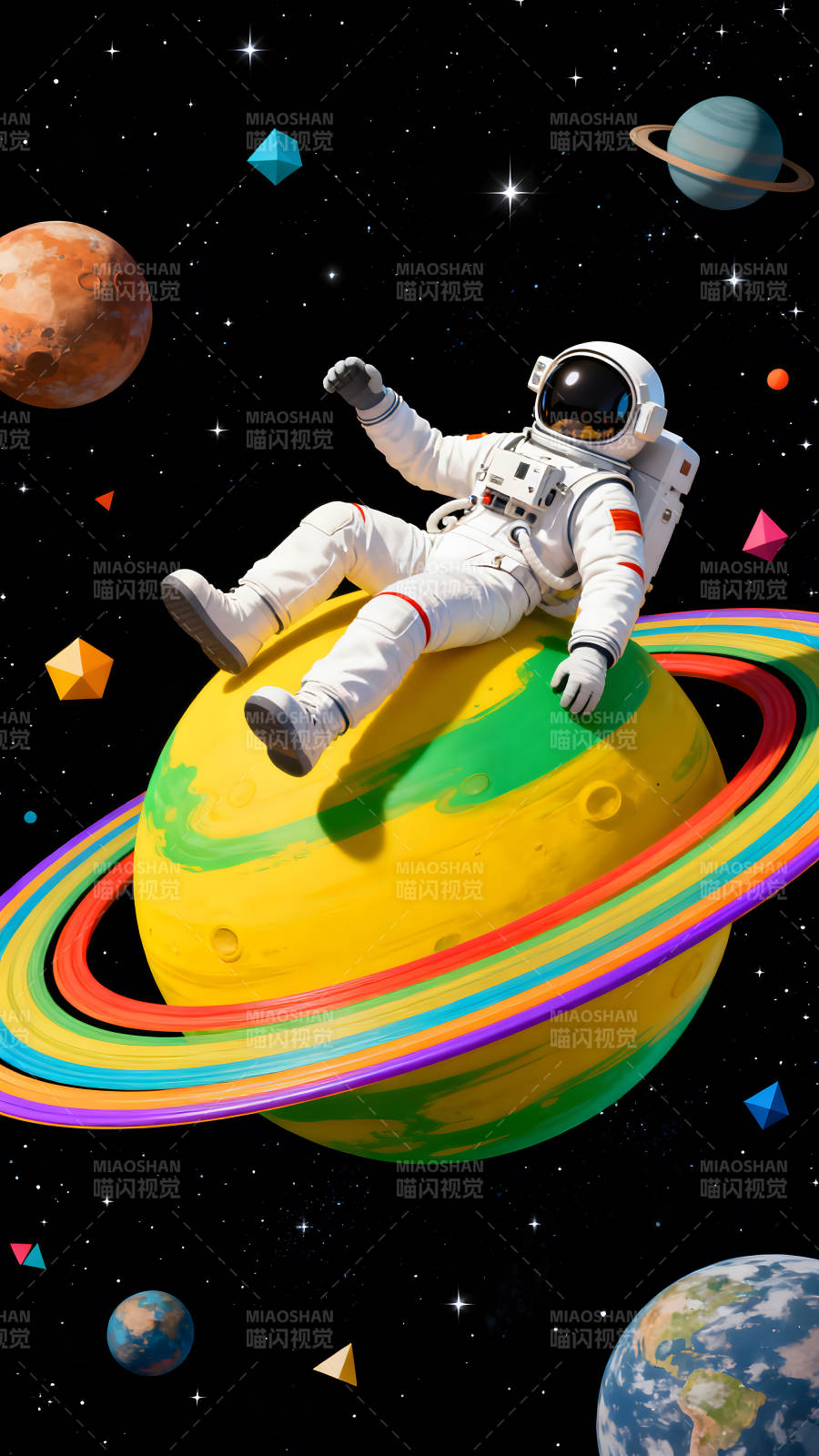 宇航員在彩色星球上休息-圖片