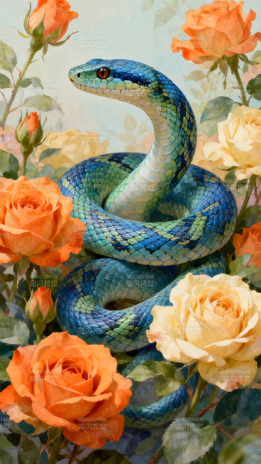 蛇與玫瑰花的藝術(shù)畫(huà)-圖片