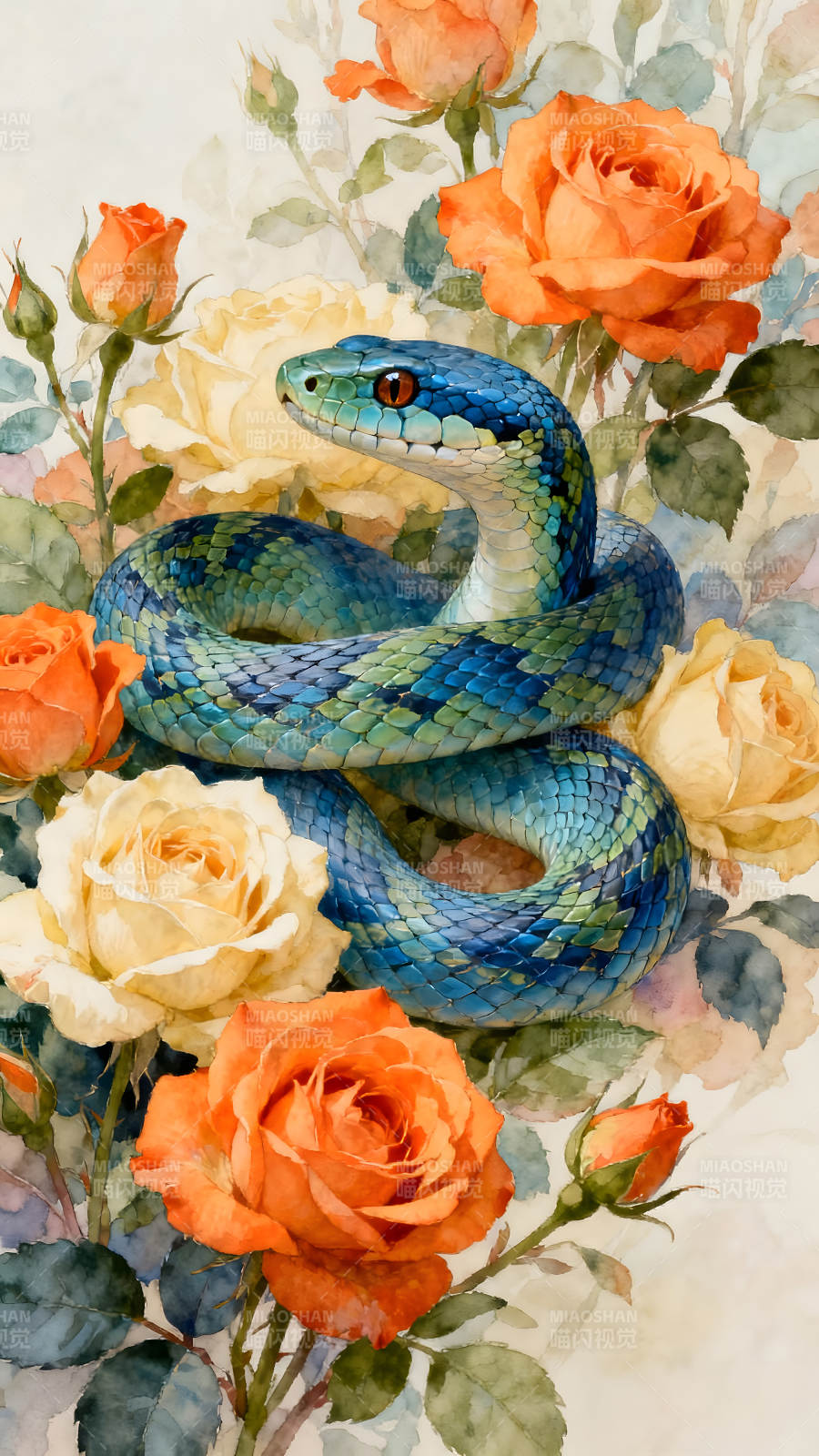 蛇與玫瑰的唯美水彩畫-圖片