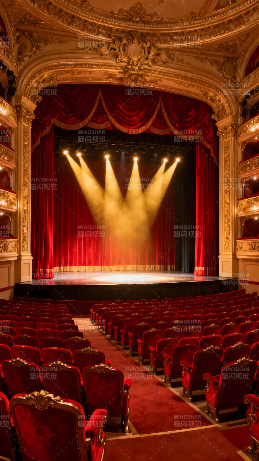 华丽剧院舞台灯光红色的座位-图片
