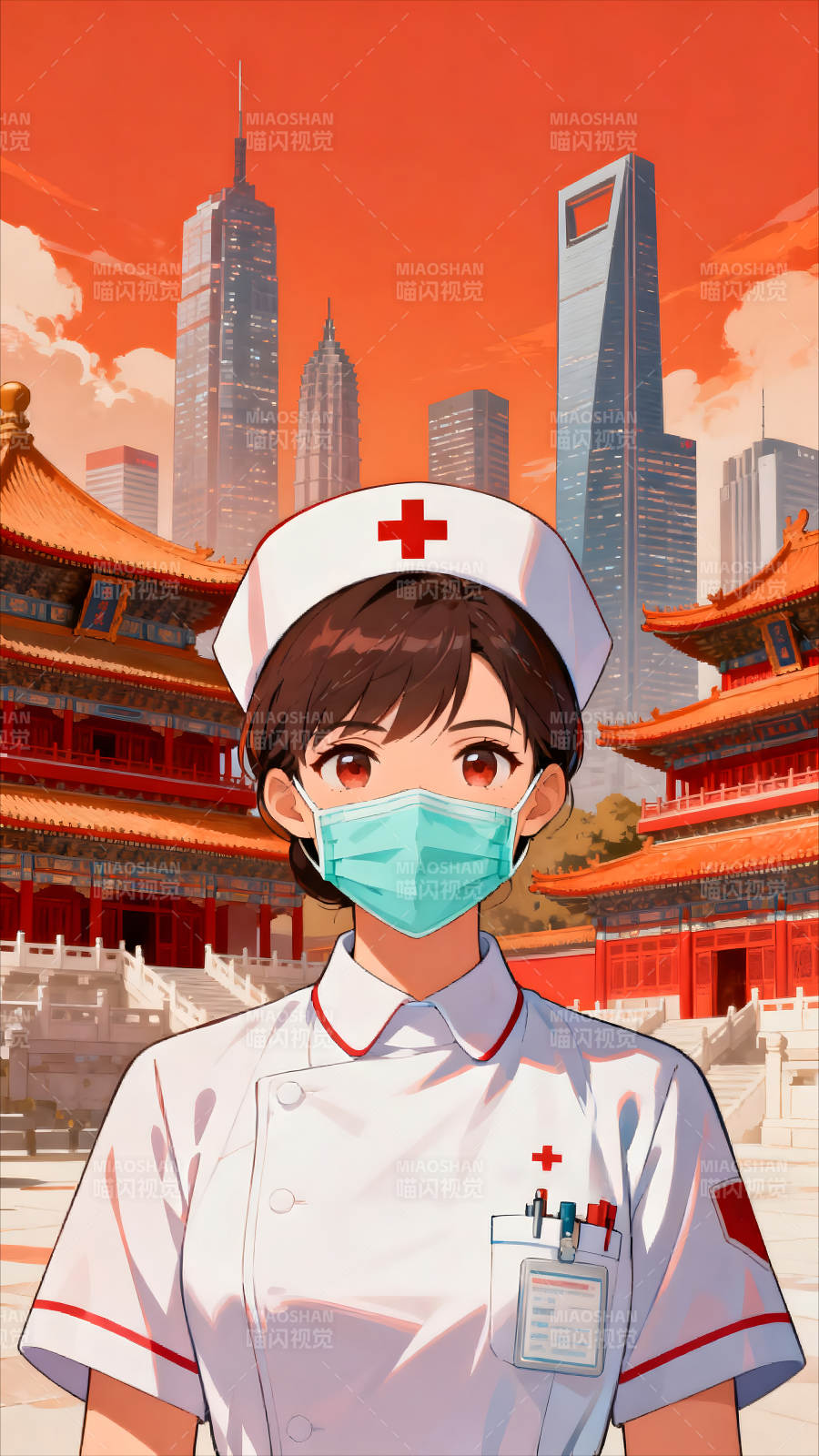 戴口罩的护士背景为中国建筑-图片