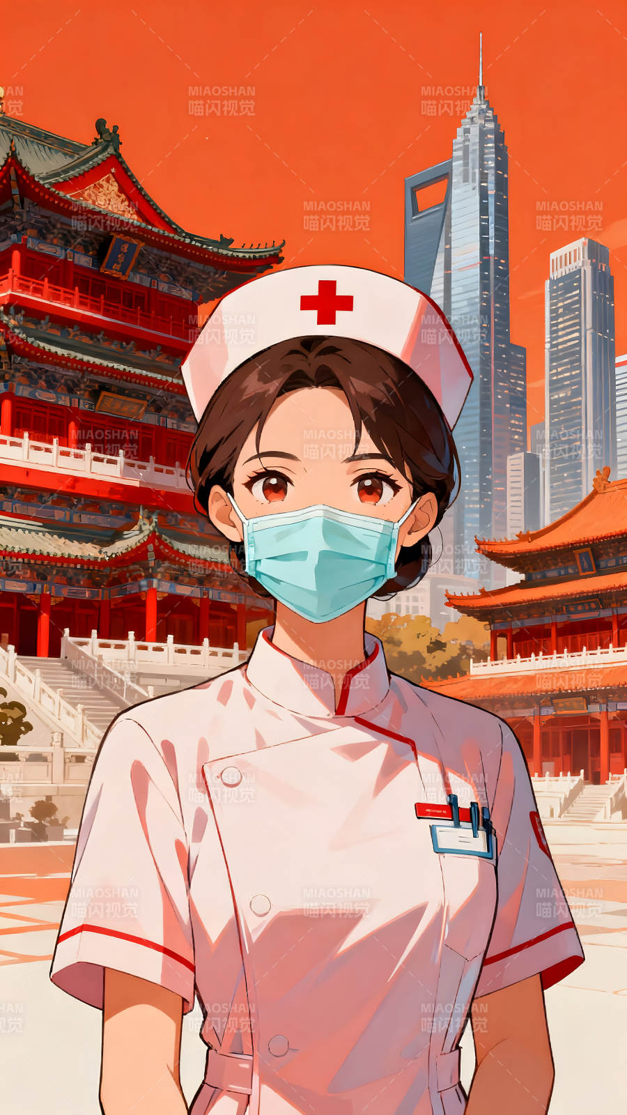 戴口罩的护士站在建筑前-图片