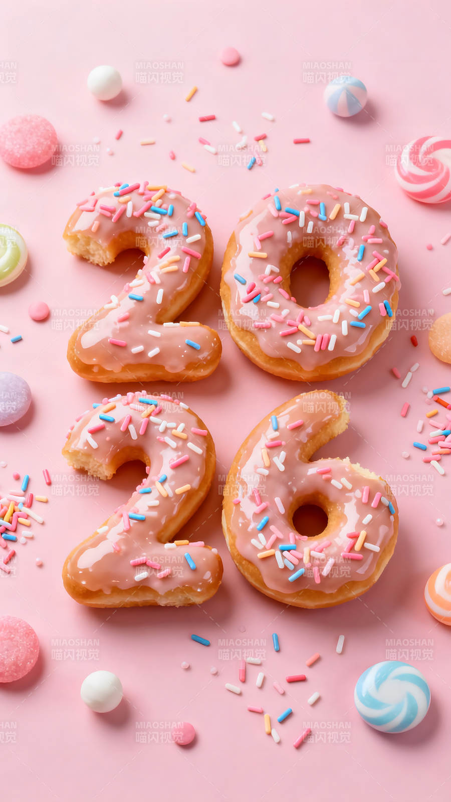 甜甜圈與糖果的粉色生日祝福-圖片