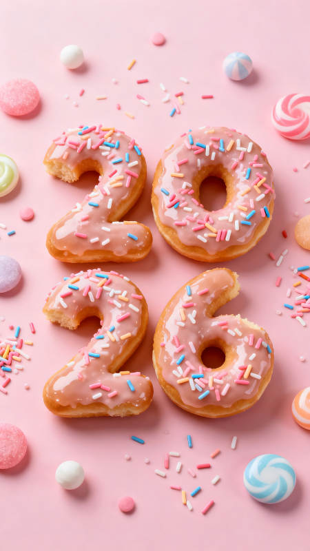 甜甜圈與糖果的粉色生日祝福-圖片
