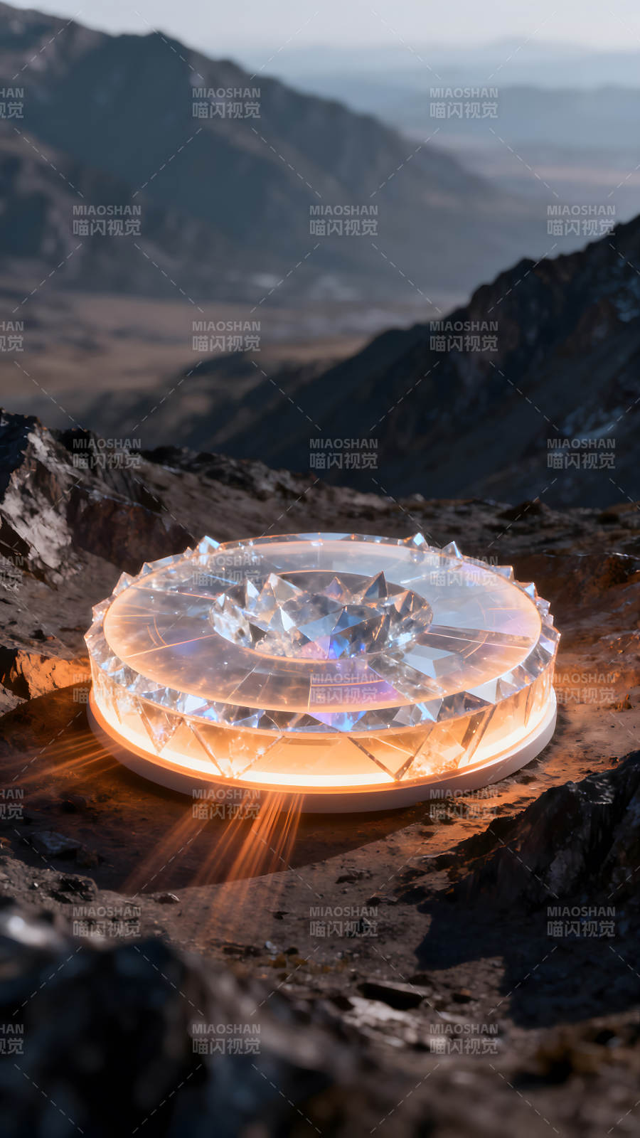 发光的钻石座落在山石上-图片