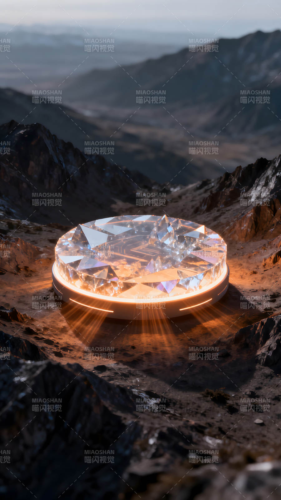 未來科技水晶光芒照亮崎嶇山脈-圖片