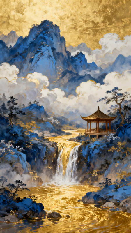 金碧山水畫亭臺瀑布云霧繚繞-圖片