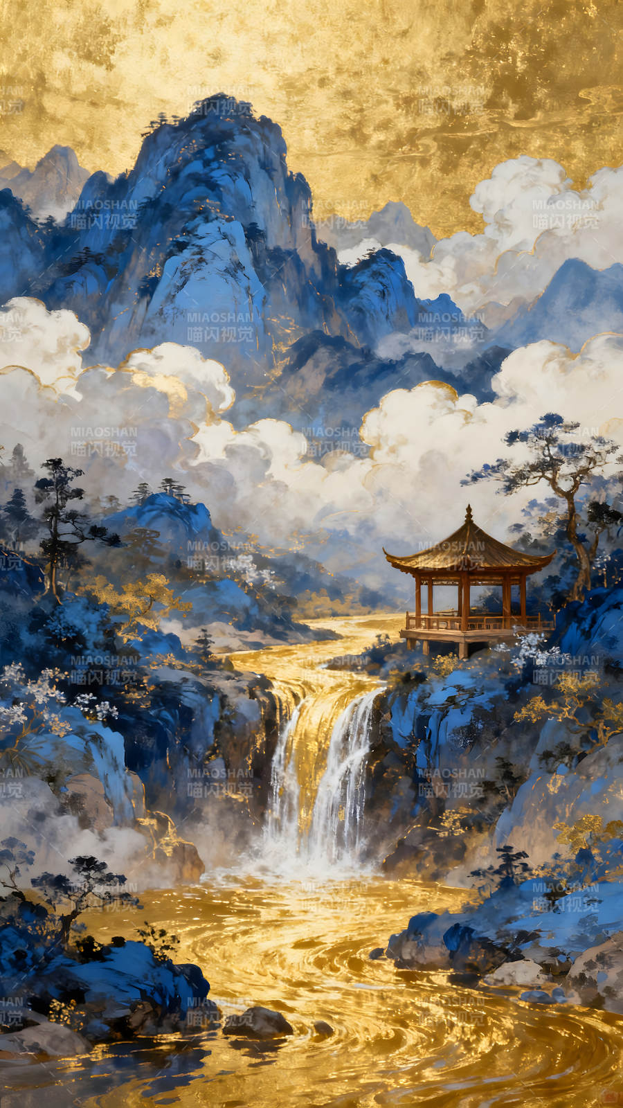 金碧山水畫亭臺瀑布云霧繚繞-圖片