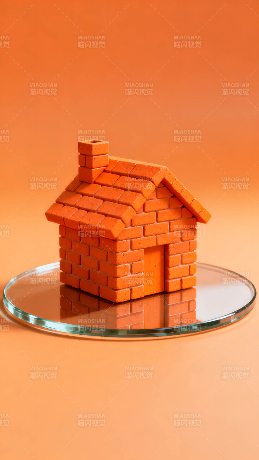 橙色砖房置于玻璃盘上-图片