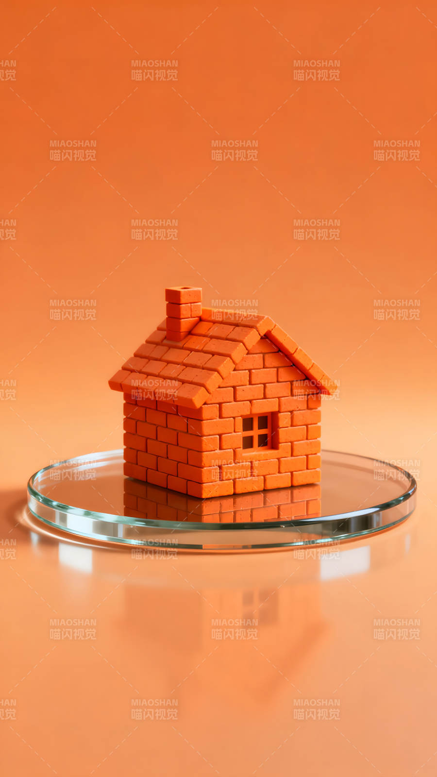 橙色砖块小屋置于玻璃盘上-图片