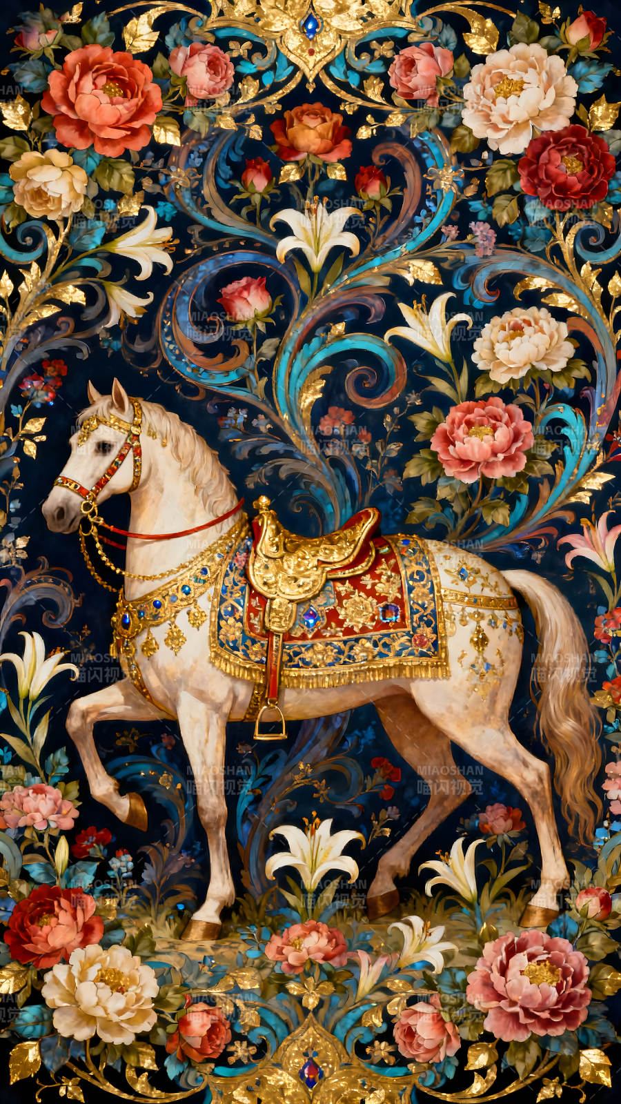 華麗馬匹與繁花錦簇的裝飾畫圖片